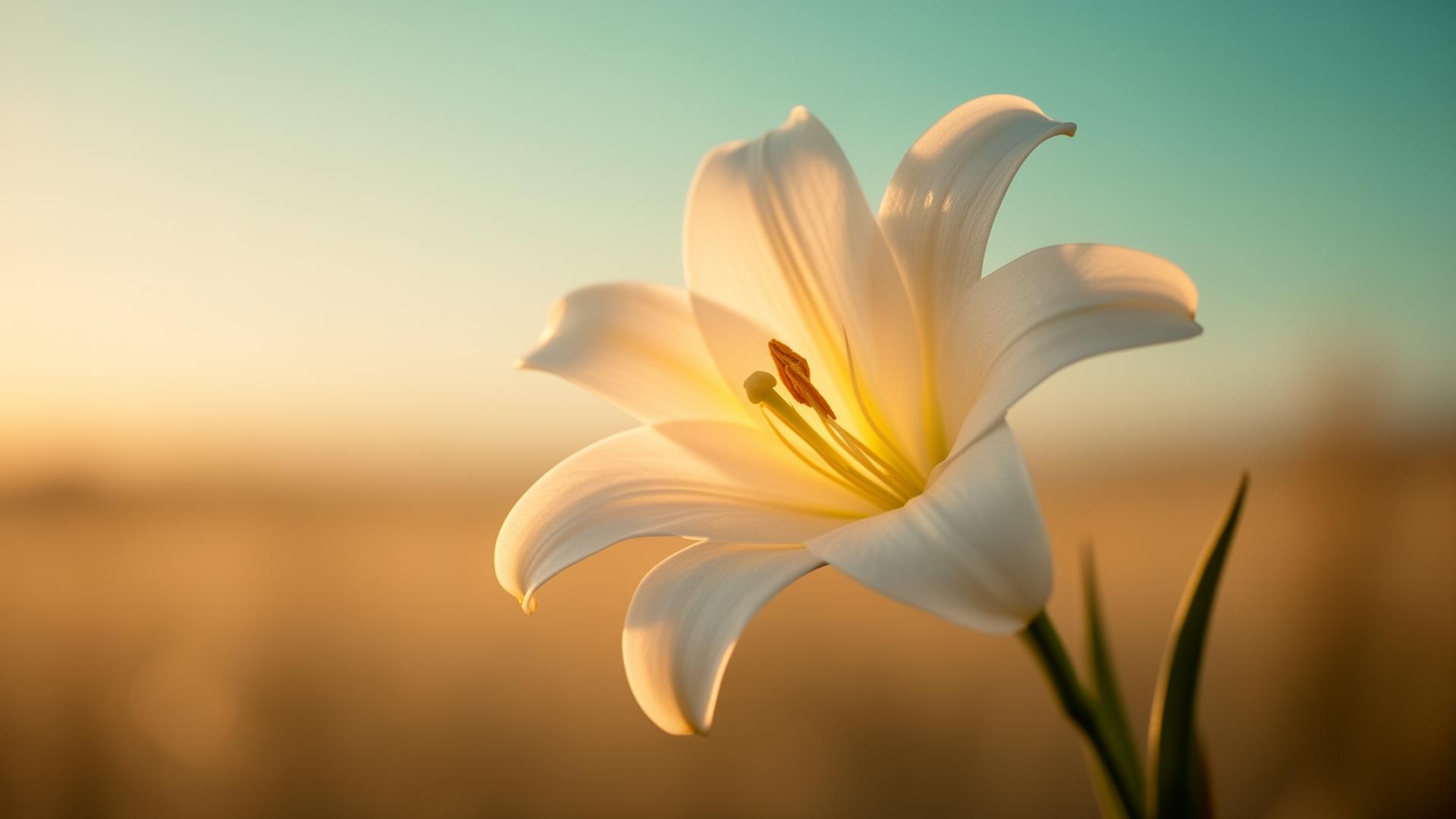 A single white lily glowing with warm golden hour light, evoking the lilies of the field