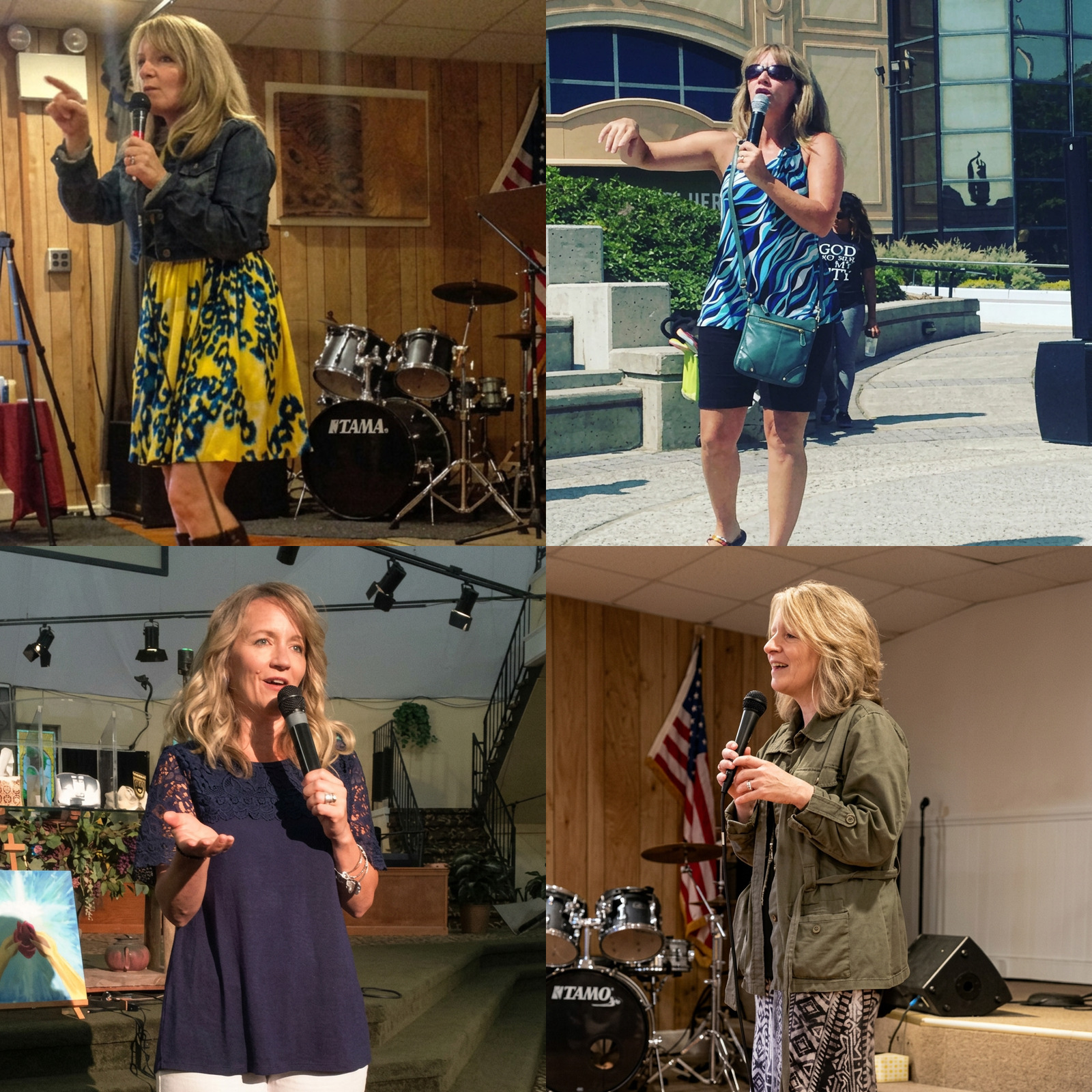 Collage of Marcy McAnney speaking at various events